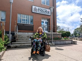 Stratford resident Diane Sims, an end-stage multiple sclerosis patient who uses an electric wheelchair to get around, is raising serious concerns with the lack of accessibility at the Stratford Police Headquarters. (Galen Simmons/The Beacon Herald)