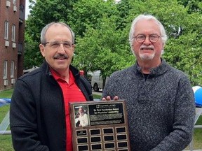 Dr. Bruce Bain, left, received the first Dr. Bob Henderson Award for Physician Leadership from Henderson himself during a ceremony at Campbellford Memorial Hospital.