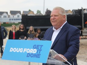 Premier Doug Ford talks during a campaign event in London on Saturday May 21, 2022.(JONATHAN JUHA/The London Free Press)