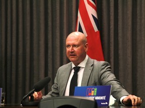Manitoba's chief public health officer Dr. Brent Roussin speaks during a COVID-19 update at the Manitoba Legislature on Friday, May 20.