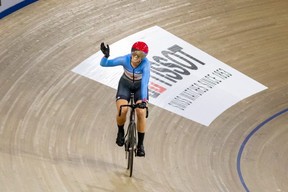 Sherwood Park’s Kelsey Mitchell after winning silver in the sprint in front of her home crowd at the recent UCI Track Nations Cup stop in Milton, Ont. Photo courtesy Ivan Rupes