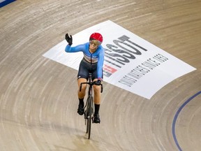 Sherwood Park’s Kelsey Mitchell after winning silver in the sprint in front of her home crowd at the recent UCI Track Nations Cup stop in Milton, Ont. Photo courtesy Ivan Rupes