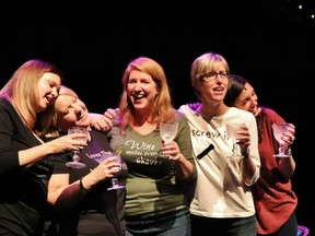 Five Cork Productions' original cast of Winesday: the Musical is shown on the stage at the Chatham Capitol Theatre. After successful runs at the Capitol and Walkerville Theatre in Windsor, the show is now heading to Hernder Estate Wines in Niagara. From left are Jamie Johnston, Sally Henley, Jenne Wason Benoit, Alysson Storey and Larissa Vogler. (Handout)