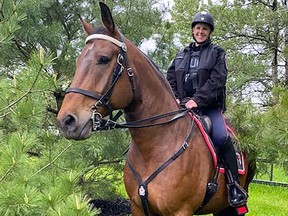 Kingston Police Const. Amy Carter, riding the force's backup horse, Henry, is the service's new mounted unit officer. Carter replaced Sgt. Sarah Groenewegen, who was promoted and has returned to the patrol unit. Once fully trained, Carter will be riding police horse Murney. Supplied Photo