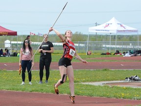 Nina Anderson, of Englehart High School, unleashes a throw during the Senior Female Javelin at the 2022 NEOAA Track & Field Championships at Timmins Regional Athletics and Soccer Complex on Wednesday. Anderson won the event with a toss of 29.70 metres, two metres longer than the next nearest throw. THOMAS PERRY/THE DAILY PRESS
