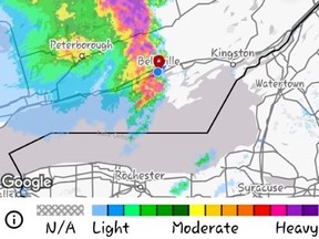 An Environment Canada app radar image from around 2:30 p.m. Saturday showed the storm front passing through Quinte to a lesser degree compared to more severe storm activity to the north of Highway 7 in dark purple topping the heaviest intensity on the colour scale.
