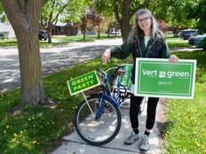 Perth-Wellington is a massive electoral district but Green Party candidate Laura Bisutti says she’s been doing her best to canvas the riding by bike, in part a statement about her focus on pressing environmental issues. Chris Montanini/Stratford Beacon Herald
