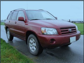 Perth County OPP say a red Toyota 2005 Highlander was stolen  along with tools, cash and gift cards during a break-in at a West Perth property earlier this month. Submitted photo