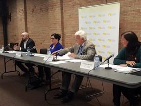 Only four candidates in total took part in Wednesday's forum in Studio 1 of the Cultural Centre in Chatham. Shown from left are Chatham-Kent-Leamington candidates Brock McGregor (NDP), Rhonda Jubenville (New Blue) and Rick Nicholls (Ontario Party) and Lambton-Kent-Middlesex candidate Vanessa Benoit (NDP). (Trevor Terfloth/The Daily News)