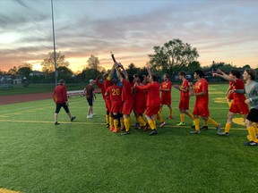 Chippewa Secondary School senior boys celebrate their NDA win Tuesday night on Cundari Field beating St. Joseph Scollard Hall 1-0. During and after the game soccer officials endured verbal abuse from players and fans. One referee was followed to his car.
