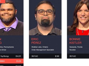 Eric Perez of Shallow Lake, middle, appeared on the May 24, 2022 episode of Jeopardy!