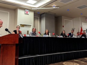 The Stratford and District Chamber of Commerce hosted a Perth-Wellington provincial candidates debate at the Arden Park Hotel in Stratford Wednesday night. Pictured from left are moderator and chamber general manager Eddie Matthews, Ashley Fox (Liberal), Bob Hosken (New Blue), Jo-Dee Burbach (NDP), Laura Bisutti (Green), Matthew Rae (Conservative), Robby Smink (Freedom) and Sandy MacGregor (Ontario). (Galen Simmons/The Beacon Herald)