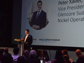 Peter Xavier, VP of Glencore, addresses the BEV in Depth conference on Wednesday evening at Science North.