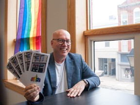 Bruce Duncan Skeaff, president of the Stratford Pride Community Centre, inside the group’s new location in downtown Stratford. An open house is planned June 4, one of many Pride Month events taking place in Perth County this year. (Chris Montanini/Stratford Beacon Herald)