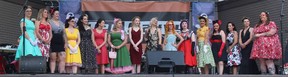 All the contestants vying for the Miss RetroFest 2022 title gathered on the Kiwanis Bandshell stage in Chatham's Tecumseh Park prior to the winner being announced on Saturday.  PHOTO Ellwood Shreve/Chatham Daily News