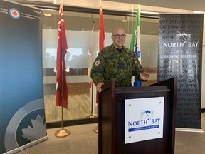 Col. Richard Jolette, commander of 22 Wing/Canadian Forces Base North Bay, speaks to local media Monday at city hall about Armed Forces Day, June 22 at the North Bay waterfront. Jolette said the day is to recognize members of the Canadian Armed Forces and the United States Air Force.