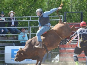 Carter McConnell of Kimberley competes in bull riding at the RAM Rodeo Tour in Feversham on Saturday, May 28, 2022.
