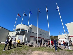 The flags of the Athabasca Chipewyan First Nation, Mikisew Cree First Nation and Fort Chipewyan Métis Nation are raised at the municipality's Sonny Flett Aquatic Centre. Supplied image
