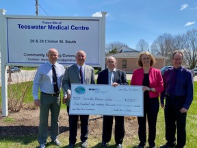 Pictured (L-R) Dwight Leslie, Chair of the Fundraising Sub-Committee; Larry Hayes, Co-Chair of the Teeswater Medical Centre Development Steering Committee; Robert Buckle, Mayor of South Bruce; Lise Morton, Vice President of Site Selection at the NWMO; and Paul Cronin, Co-Chair, outside of the future site of the Teeswater Medical Centre. SUBMITTED