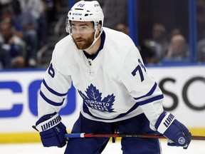 Toronto Maple Leafs defenceman TJ Brodie (78) looks on against the Tampa Bay Lightning during the third period of Game 3 of the first round of the 2022 Stanley Cup Playoffs at Amalie Arena in Tampa, Fla., on May 6, 2022. (Kim Klement-USA TODAY Sports)