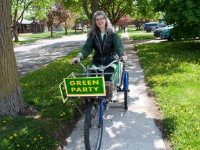 Perth-Wellington is a massive electoral district but Green Party candidate Laura Bisutti says she’s been doing her best to canvas the riding by bike, in part a statement about her focus on pressing environmental issues. (Chris Montanini/Postmedia Network)