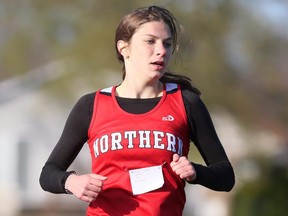 Kaitlyn Handy of Northern leads the senior girls' 800 metres at an LKSSAA all-comers track and field meet at the Chatham-Kent Community Athletic Complex in Chatham, Ont., on Wednesday, May 4, 2022. Mark Malone/Chatham Daily News/Postmedia Network