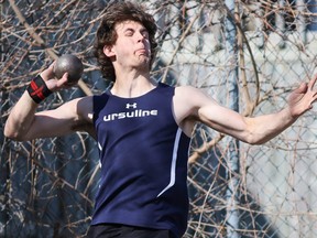 Jeremy vandenBoorn of Ursuline competes in the senior boys' shot put at an LKSSAA all-comers track and field meet at the Chatham-Kent Community Athletic Complex in Chatham, Ont., on Wednesday, May 4, 2022. Mark Malone/Chatham Daily News/Postmedia Network