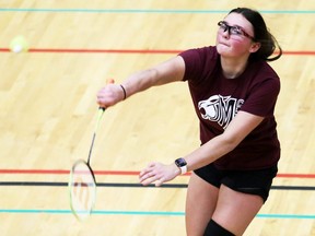 Ryan O'Donohue of the McGregor Panthers returns during a girls' doubles match at the OFSA Badminton Championships at the Chatham Campus Healthplex in St. Clair College on Friday, May 6, 2022. Mark Malone/Chatham Daily News/Postmedia Network
