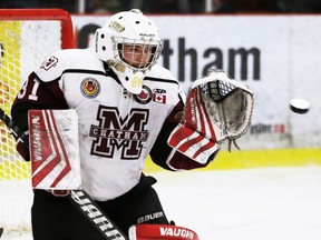 Chatham Maroons goalie Nolan DeKoning makes a save against the Leamington Flyers at Chatham Memorial Arena in Chatham, Ont., on Sunday, May 8, 2022. Mark Malone/Chatham Daily News/Postmedia Network