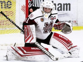 Chatham Maroons goalie Nolan DeKoning plays against the Leamington Flyers at Chatham Memorial Arena in Chatham, Ont., on Sunday, May 8, 2022. Mark Malone/Chatham Daily News/Postmedia Network