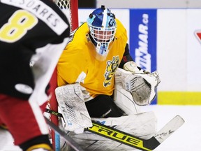 Goalie Marcus Ouellet watches Lucas Soares during the Sarnia Sting's orientation camp at Progressive Auto Sales Arena in Sarnia, Ont., on Saturday, May 21, 2022. Mark Malone/Chatham Daily News/Postmedia Network
