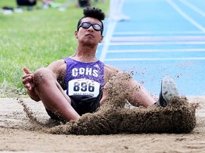 Jeramiah Zomerman of Chatham Christian competes in the novice boys' triple jump at the OFSAA West Region track and field meet at Sandwich Secondary School in LaSalle, Ont., on Saturday, May 28, 2022. Mark Malone/Chatham Daily News/Postmedia Network