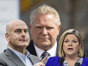 Liberal hopeful Steven Del Duca, left, Ontario Premier Doug Ford, and NDP hopeful Andrea Horwath.