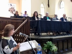 Owen Sound & District Chamber of Commerce CEO Diane Austin opens Thursday night's all-candidates' meeting at the Harmony Centre in Owen Sound. (Scott Dunn/The Sun Times/Postmedia Network)