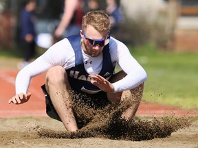 Gabriel St. Pierre of Chatham-Kent competes in the open boys' long jump at an LKSSAA all-comers track and field meet at the Chatham-Kent Community Athletic Complex in Chatham, Ont., on Wednesday, May 4, 2022. Mark Malone/Chatham Daily News/Postmedia Network