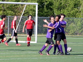Lo-Ellen Knights players celebrate a goal by Maliq Olanrewaju during the SDSSAA Senior Boys Premier soccer final at James Jerome Sports Complex in Sudbury, Ontario on Tuesday, May 24, 2022.