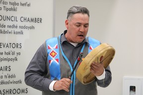 A drummer at a ceremony unveiling art for the council chambers at the Jubilee Centre in Fort McMurray on April 25, 2022. Vincent McDermott/Fort McMurray Today/Postmedia Network