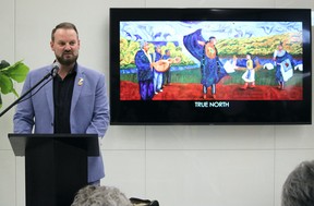 Mayor Sandy Bowman speaks at a ceremony unveiling art for the council chambers at the Jubilee Centre in Fort McMurray on April 25, 2022. Vincent McDermott/Fort McMurray Today/Postmedia Network