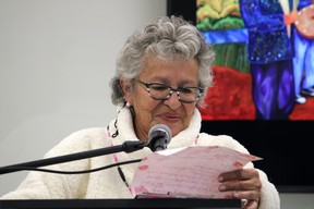 Elder Shirley Arthurs from the Fort McMurray First Nation #468 at a ceremony unveiling art for the council chambers at the Jubilee Centre in Fort McMurray on April 25, 2022. Vincent McDermott/Fort McMurray Today/Postmedia Network