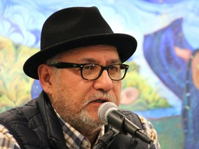 Frederick R. McDonald, an artist from the Fort McKay First Nation, speaks at a ceremony unveiling art for the council chambers at the Jubilee Centre in Fort McMurray on April 25, 2022. McDonald was the lead artist for the project. Vincent McDermott/Fort McMurray Today/Postmedia Network