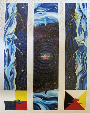 Spirits Having Flown by Frederick McDonald hangs inside the doorway for council chambers at the Jubilee Centre in Fort McMurray. The art covers the doorway with symbols of the Seven Sacred Teachings. At the bottom of the side paintings are symbols for the Sacred Pipe and sage, with the colours of the four directions of the Dene and Cree. The pipe is not burning tobacco to represent how some cultural teachings and practices have been lost to colonialism and taken away, but the sage burns to represent the start of a healing path. “Reconciliation is not just an Aboriginal thing; we all have to do this together, no matter what walk of life you live in and come from,” writes McDonald. Vincent McDermott/Fort McMurray Today/Postmedia Network