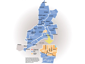 Doug Ford's Progressive Conservatives took seven of the 10 London-region seats in the last Ontario election, in 2018. Andrea Horwath's New Democrats won all three urban London seats including one, London North Centre, picked off from the Liberals. (Map: Juanita Sims/The London Free Press)