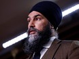 NDP leader Jagmeet Singh speaks to media on Parliament Hill in Ottawa, April 27, 2022.