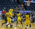 Jachai Taylor of the Windsor Express takes a shot during Game One of the playoff series against the London Lightning at Budweiser Gardens in London on Sunday May 15, 2022. The Lightning won the game 106-99. Derek Ruttan/The London Free Press