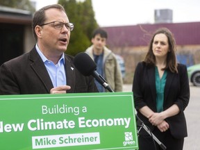 Green Party of Ontario Leader Mike Schreiner was in London on Friday May 6, 2022 talking about green economy jobs. (Mike Hensen/The London Free Press)