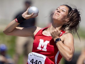 Medway's Jadyn Luna placed second in senior girls shot put with a throw of 9.58 metres on Day 2 of the Thames Valley Regional Athletics track and field meet at Western Alumni Stadium in London on Friday, May 13, 2022. (Mike Hensen/The London Free Press)