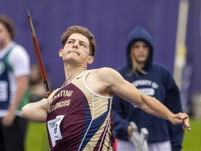 Banting secondary school's Cameron Seybold won the senior boys javelin competition with a throw of 46.87m during the first day of WOSSAA track and field championships at Alumni Stadium at Western University. Photograph taken on Thursday May 19, 2022. (Mike Hensen/The London Free Press)