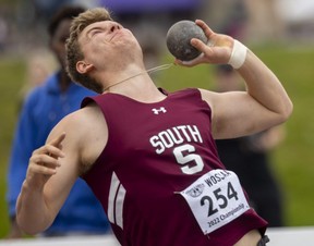 Marcus Robinson of London's South Collegiate won the senior boys shot put with a throw of 13.61m during Day 2 of WOSSAA track and field championships at Western University's Alumni Stadium on Friday May 20, 2022. (Mike Hensen/The London Free Press)