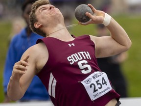 Marcus Robinson of London's South Collegiate won the senior boys shot put with a throw of 13.61m during Day 2 of WOSSAA track and field championships at Western University's Alumni Stadium on Friday May 20, 2022. (Mike Hensen/The London Free Press)