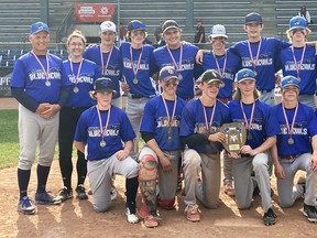 The Mitchell District high school (MDHS) varsity boys baseball team won their first-ever WOSSAA championship in London May 24, defeating Woodstock College Ave in the final, 10-8. Back row (left): Rick Boon (head coach), Mikaila Boon (assistant coach), Ryan Hubbard, Bradley Boville, Charlie Wood, Carson Harmer, Jack Small, Dawson Dietz, Kory Dietz (assistant coach). Front row (left): Jack Miller, Luke Murray, Kale Murray, Wyatt Huitema, PJ Marshall and Kellen Russwurm. Absent was Jordan Visneskie. SUBMITTED